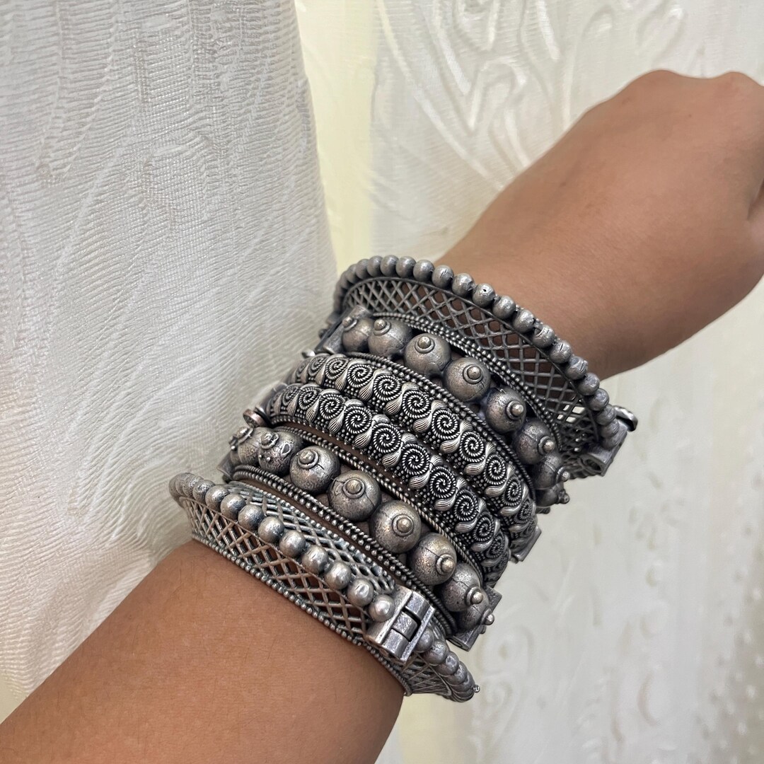 Oxidized Silver Kada Bangle Set Women – Indian Tribal Boho