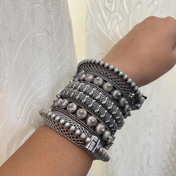 Oxidized Silver Kada Bangle Set Women – Indian Tribal Boho
