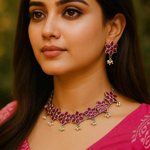 Set di collana in argento ossidato con rubino: gioielli indiani di Bollywood - Italia