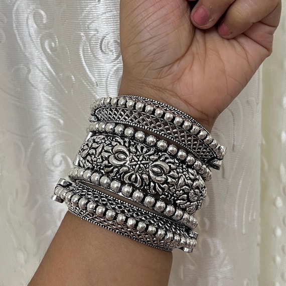Oxidized Silver Tone Bangle Set of 5 Pc: Indian Tribal Boho Kadas