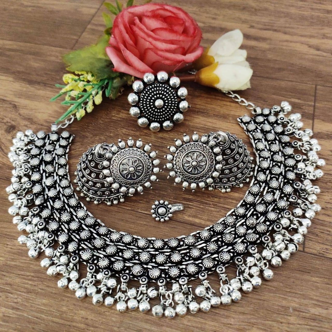 Oxidised silver choker necklace set deals