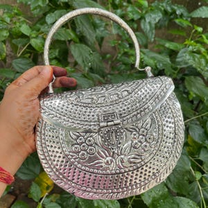 Handcrafted Silver Metal Handbag | Floral Engraved Clutch Purse with Chain Strap | Vintage Indian Evening Bag | Boho Bridal Accessory