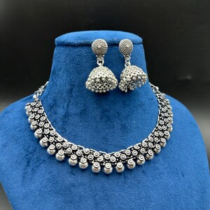 Double Layer Oxidized Silver Necklace Set with Jhumka Earrings | Traditional Indian Jewelry Set | Boho Tribal Long Necklace | Festival Wear