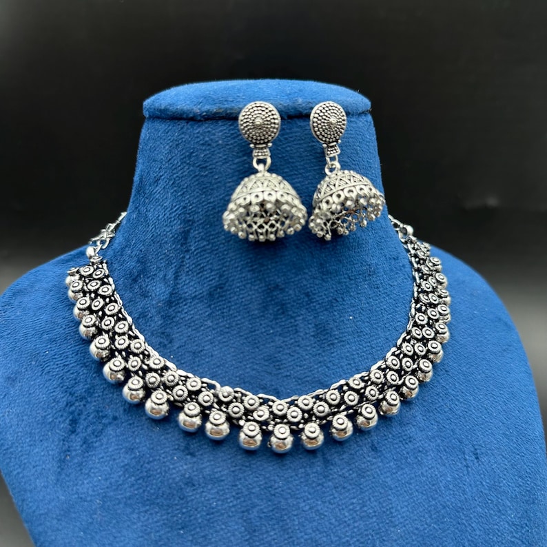Double Layer Oxidized Silver Necklace Set with Jhumka Earrings | Traditional Indian Jewelry Set | Boho Tribal Long Necklace | Festival Wear