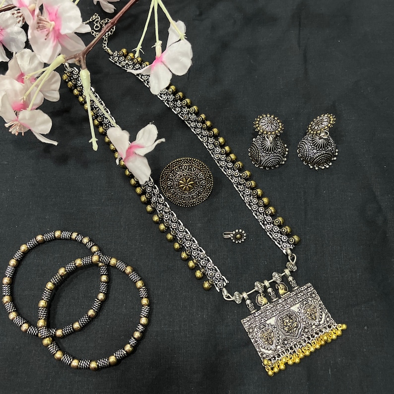 Vintage style oxidized silver bohemian jewelry flat lay