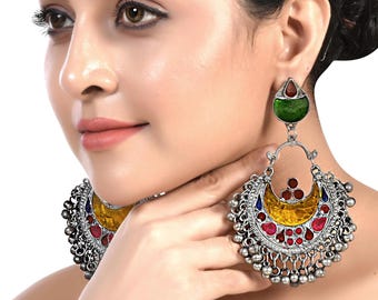 Multicolour chandbali ghungroo earrings, enamel jewellery, partywear, gifts for her, indian oxidized German silver,