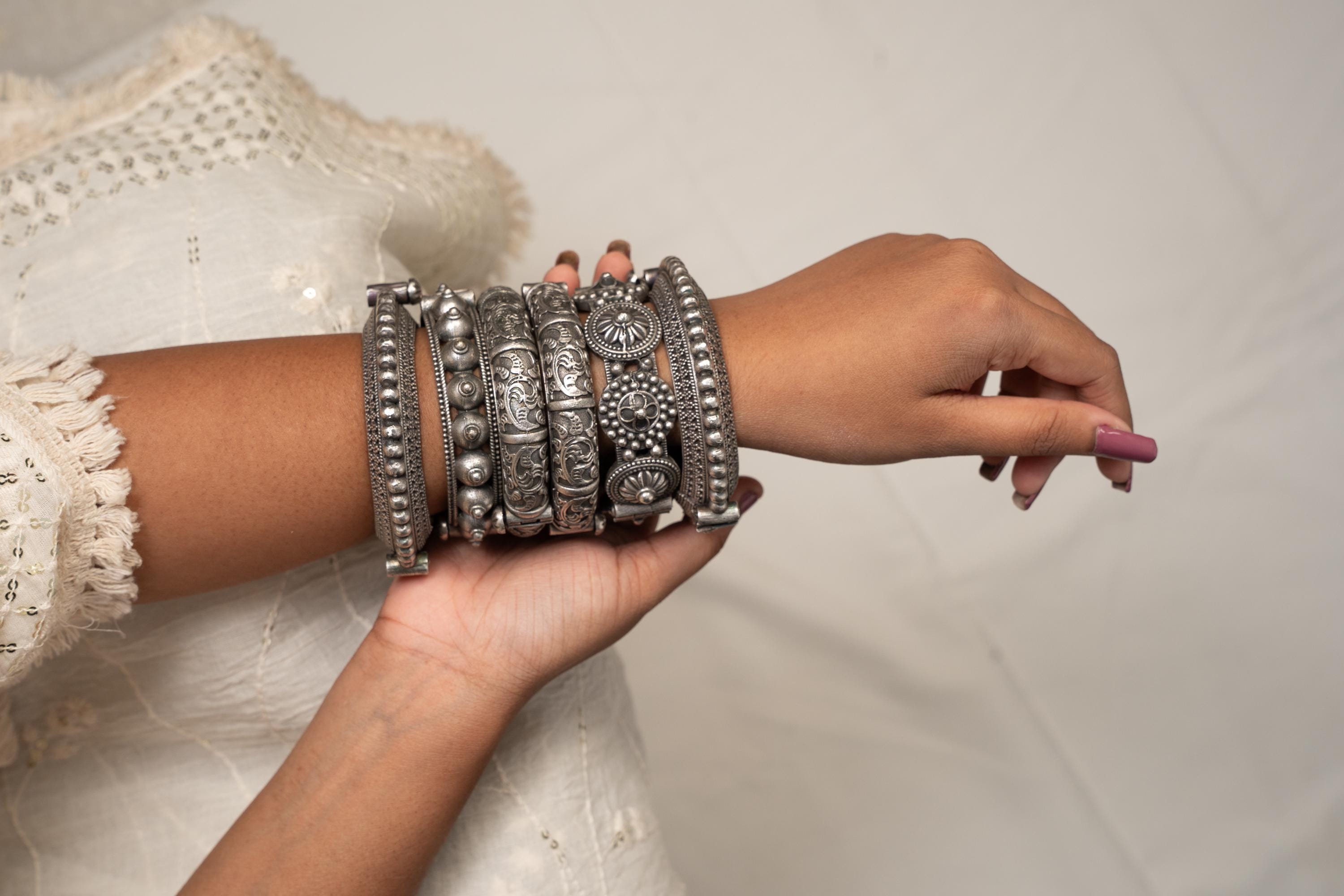 Bangles Set Handkada Silver Plated Hand Kada Bracelet Antique