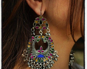 Boucles d’oreilles Afghan Kuchi colorées, boucles d’oreilles tribales Boho Statement, boucles d’oreilles miroir de style hippie, boucles d’oreilles afghanes en verre véritable, boucles d’oreilles vintage