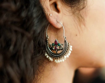 Indian oxidised multicolor Stone pearl hoop Earring, ethnic earrings, gifts for her, Indian jewelery, handmade, long earrings