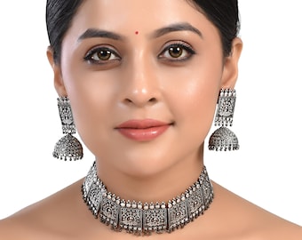 Oxidized Silver Choker Set: Indian Jhumka Jhumki Necklace