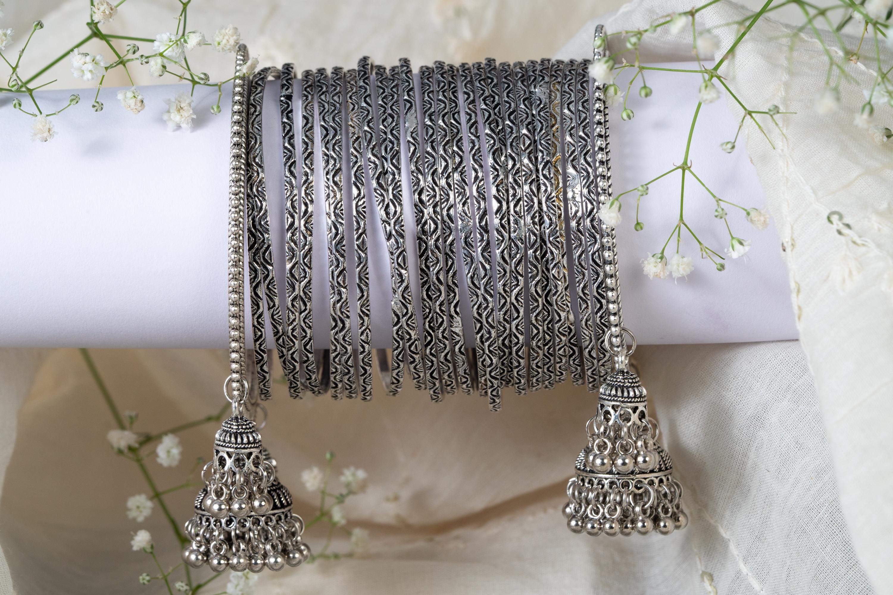 Jhumki Bangle Set, Oxidised Bangle Kada, Silver Look Alike Jhumki Bangle Set, Oxidised Bangle Kada, Silver Look Alike