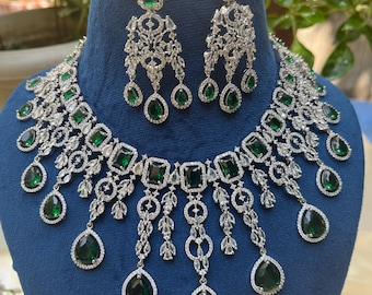 Classy Green American Diamond Necklace Set | Reception Jewelry/ crystal Bollywood Jewelry/Bridal necklace/Silver Emerald Replica diamond
