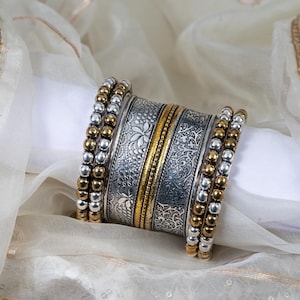 Dual-Tone Floral Cuff Bangles Set, Antique Silver & Gold Kada Bangles set,  Traditional Ethnic Bracelet Stack, Indian bracelets for navratri