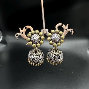 Tweekleurige jhumka-oorbellen, geoxideerde tweekleurige oorbellen, antieke oorbellen, jhumka jhumkis, etnische oorbellen, jhumka-oorbellen bloemen