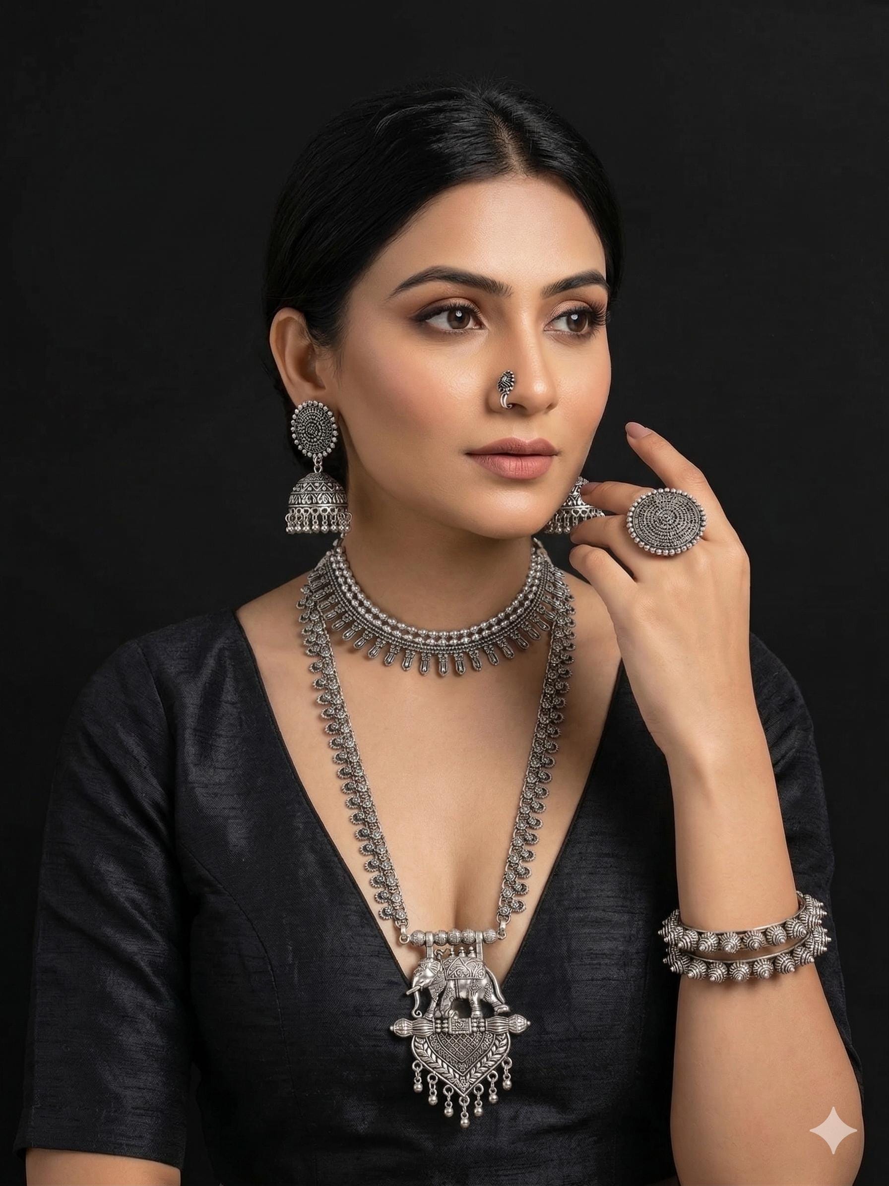 Oxidized Silver Indian Jewelry Set: Boho Necklace, Bangles