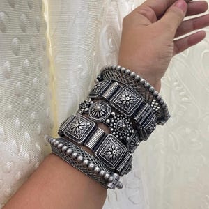 Vintage Indian Silver Plated Brass Openable Bracelet, Oxidized German Silver Traditional Jewellery for Women Ethnic, Handmade Kada Bangles