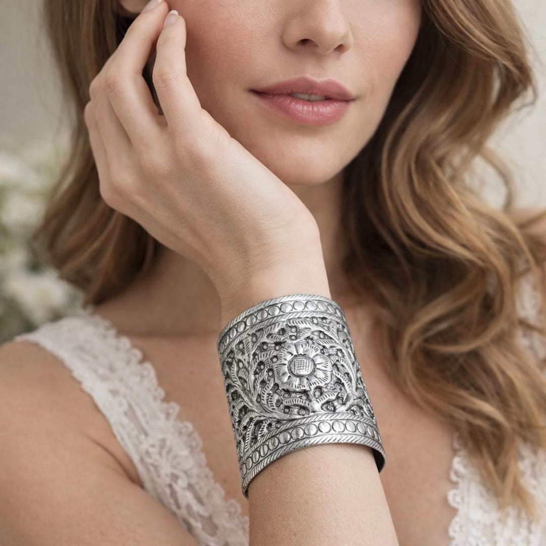 Wide Silver Floral Cuff Bracelet, Chunky Oxidized Statement Bangle ...