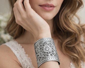 Wide Silver Floral Cuff Bracelet, Chunky Oxidized Statement Bangle, Boho Repoussé Jewelry, Tribal Antique Silver Cuff for Women