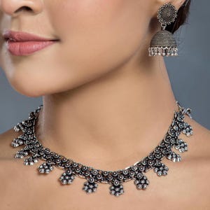 Oxidized Silver Choker Necklace Set with Jhumka Earrings | Traditional Tribal Jewelry | Antique Boho Necklace for Women | Festival Ethnic st