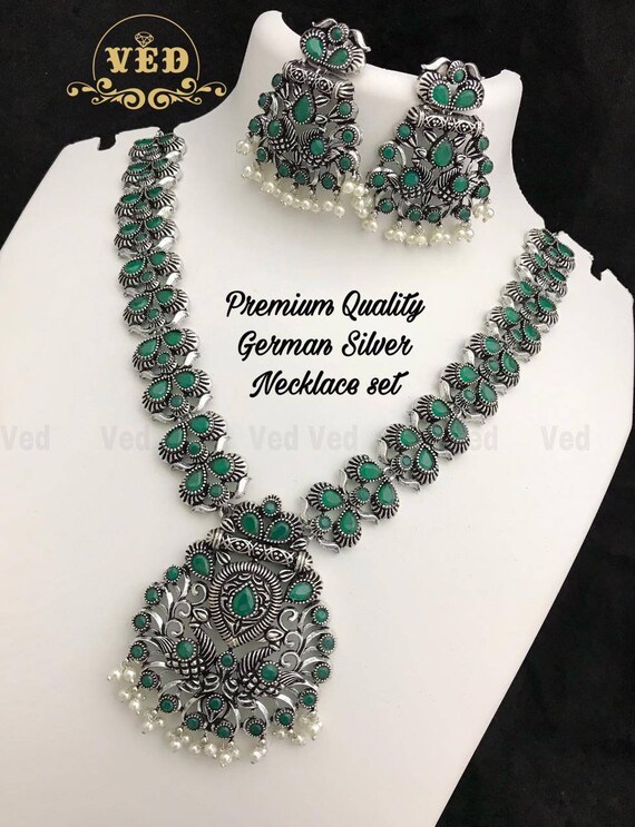 Buy Stone Pearl Silver Oxidized Necklace Set for Women Indian