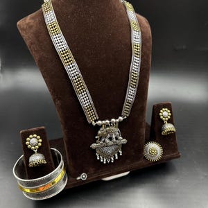 Dual Tone elephant pendant Long Necklace Set, Ethnic Jewelry, Temple Jewelry, Gift For Her, Indian Jewelry Necklace Set - Set of 5 pc