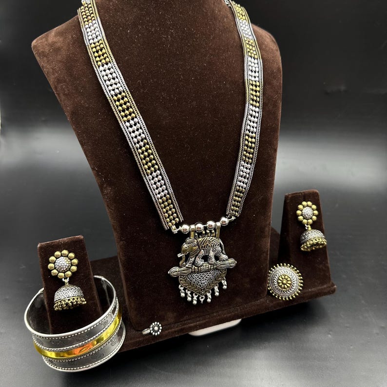 Dual Tone elephant pendant Long Necklace Set, Ethnic Jewelry, Temple Jewelry, Gift For Her, Indian Jewelry Necklace Set - Set of 5 pc