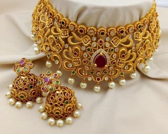 Gold-Plated Choker Necklace & Jhumka Earring Indian Jewelry Set | South Indian Temple Jewelry | Wedding Gift For Her