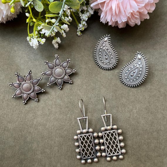 Oxidized German Silver Stud Earrings: Indian Ethnic Set of