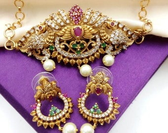 Antique Gold-Plated Indian Jewelry Set Antique Choker Set for Women Temple, Floral, Peacock Motifs, Cubic Zirconia and Pearls