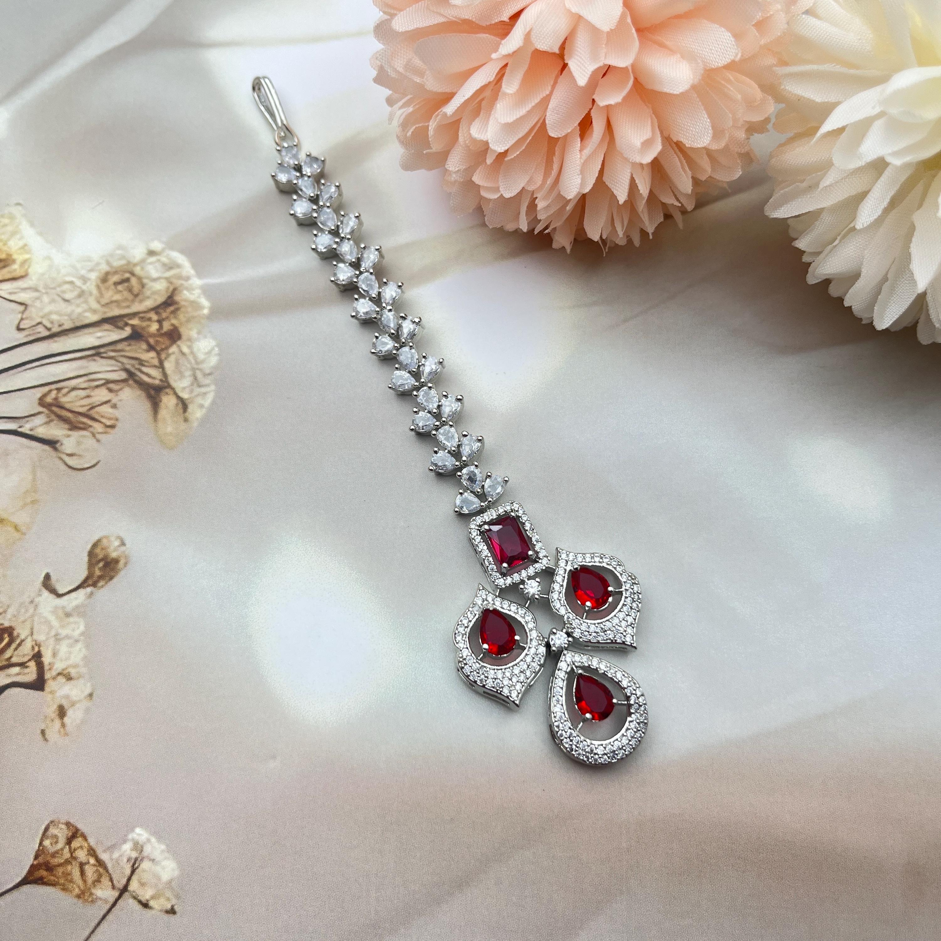 Silver Tone Maang Tikka Headpiece Cubic Zirconia Red Stone Indian Bridal Jewelry Diamond Look Pink Stone Maang Tikka CZ Bridal | Party Wear  main image 3