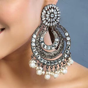 Black oxidised chandbali earrings, half moon earrings, Indian ethnic earrings, big round long earrings, wedding earrings, gifts for her,