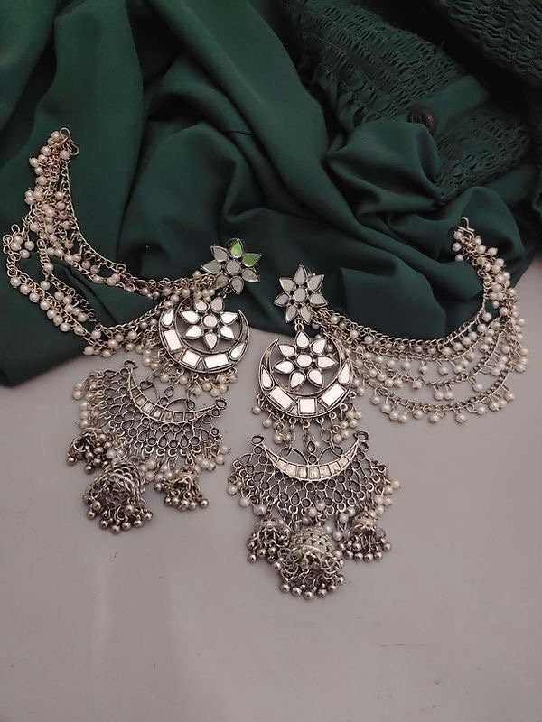 Big Oxidised Jhumka With Side Chain Chandbali Mirror Indian