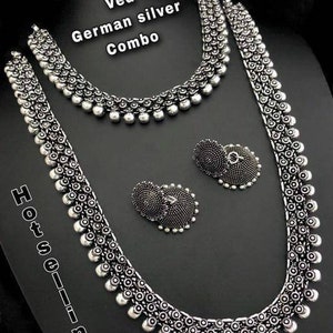 Oxidized Long Haram Choker Set, Indian Oxidised Jewellery Set, German Silver Traditional Jewelry, Indian Oxidised Necklace, Wedding Jewlery
