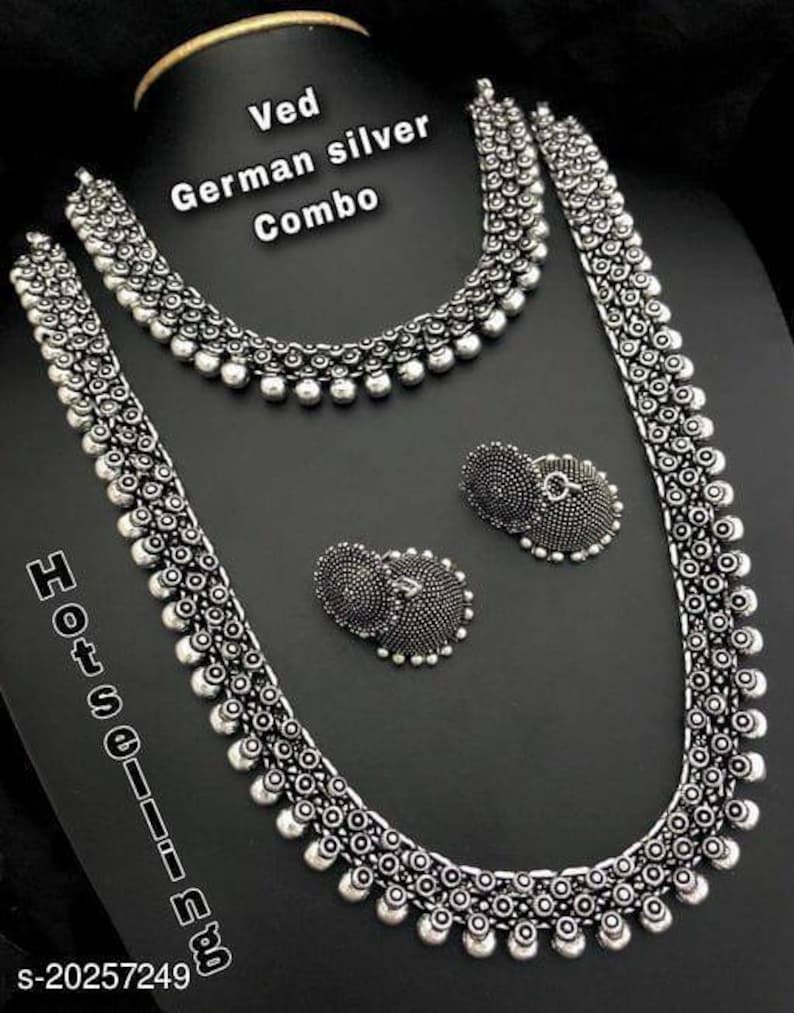 Oxidized Long Haram Choker Set, Indian Oxidised Jewellery Set, German Silver Traditional Jewelry, Indian Oxidised Necklace, Wedding Jewlery