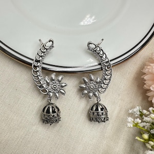 Oxidised Bugadi Ear Cuff Earrings | Traditional Maharashtrian Jewelry | Antique Silver Floral Jhumka Ear Climbers | Ethnic Statement Earring