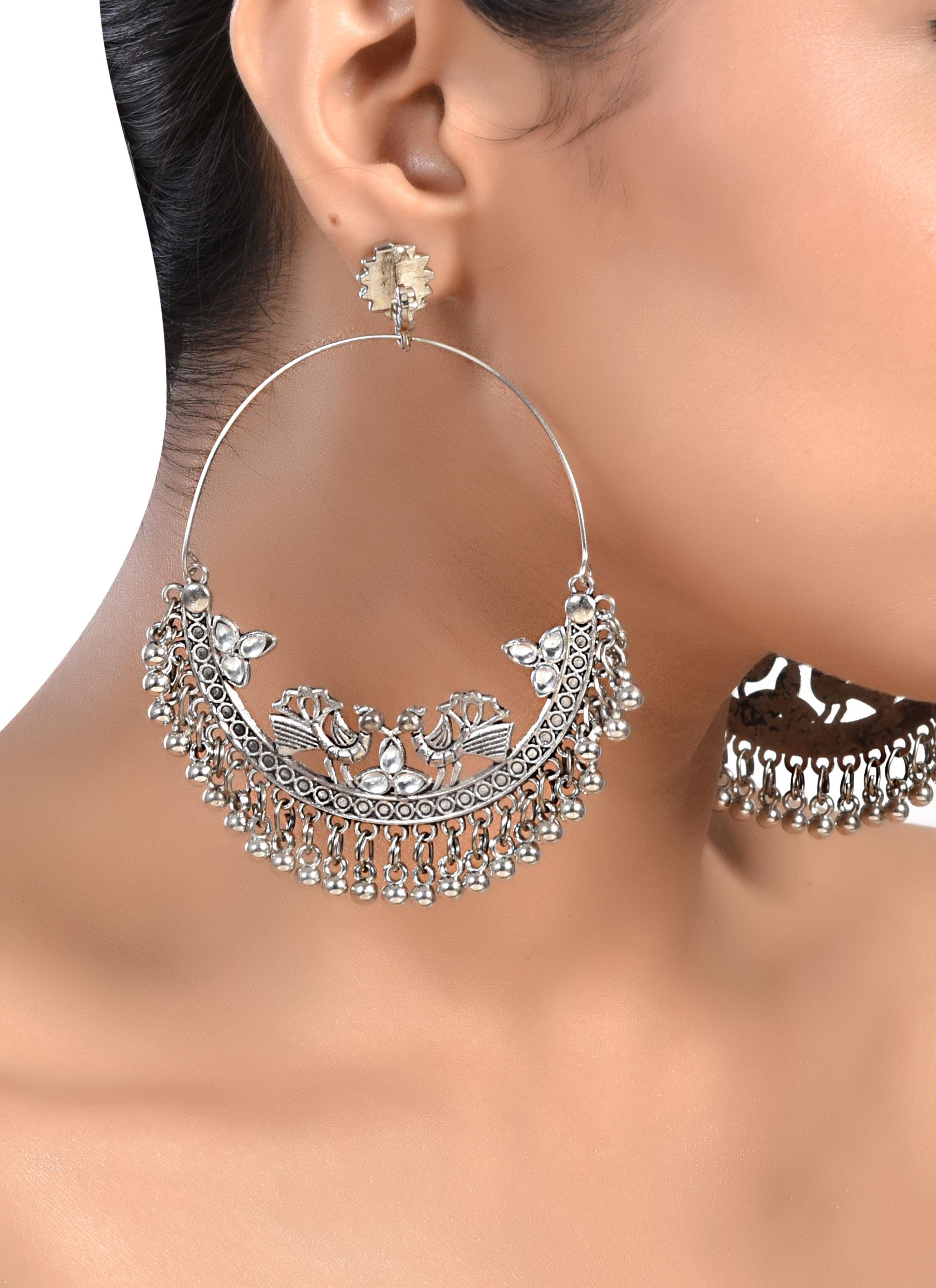 Orecchini Jhumka Indiani Tradizionali Bollywood – Argento Ossidato, Stile Mughal Birds, Ruby's Collection - Foto 2