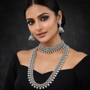 Oxidized Silver Layered Necklace Set, Indian Hasli Choker with Long Haar & Jhumka Earrings, Tribal Statement Jewelry, Boh