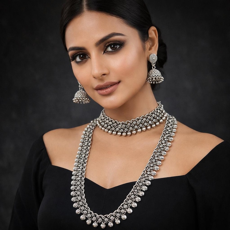 Oxidized Silver Layered Necklace Set, Indian Hasli Choker with Long Haar & Jhumka Earrings, Tribal Statement Jewelry, Boh