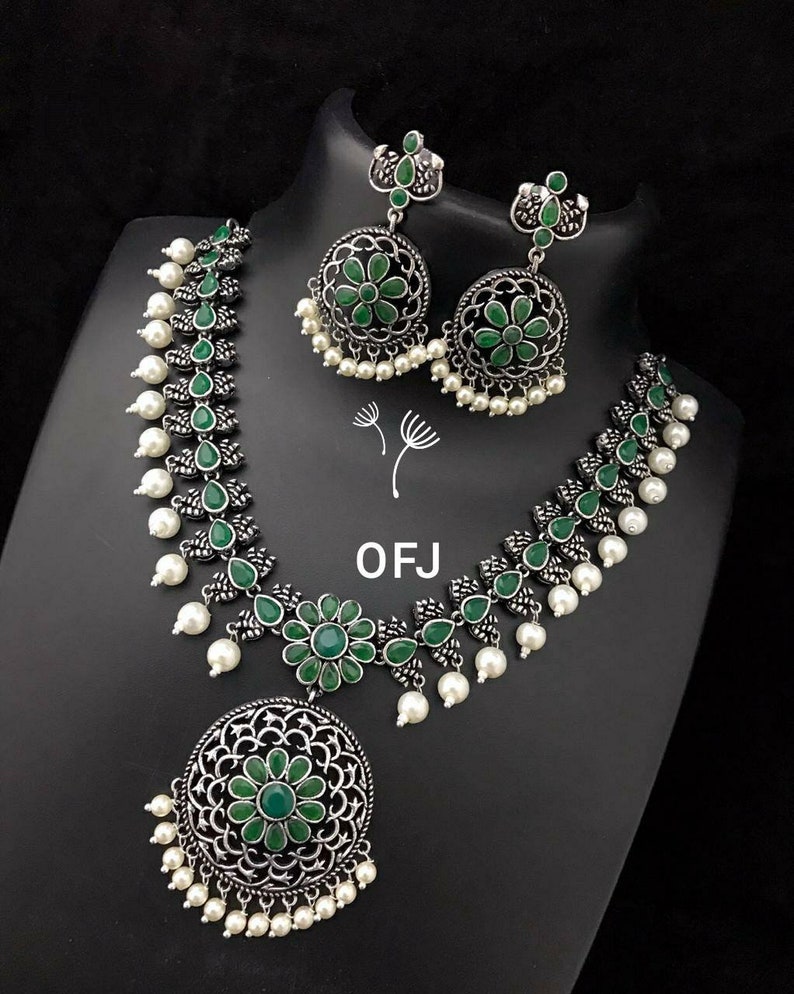 antique German silver set,gypsy Indian Stone and pearl jewelry set Indian ethnic traditional jewelry set temple jewelry kemp jewelry