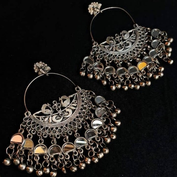 Peacock hoop earrings glass studded ethnic jewelry ghungroo bali indian oxidized German silver gifts for her anniversary birthday present