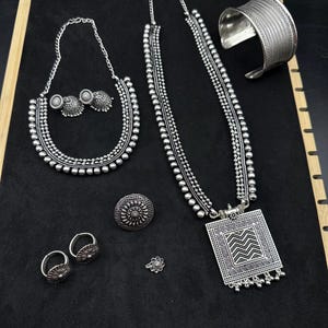 Silver Choker Necklace oxidised Jewelry Set of 7 Long Necklace Set with jhumka ring peacock necklace Ethnic Jewelry, Temple Jewelry,