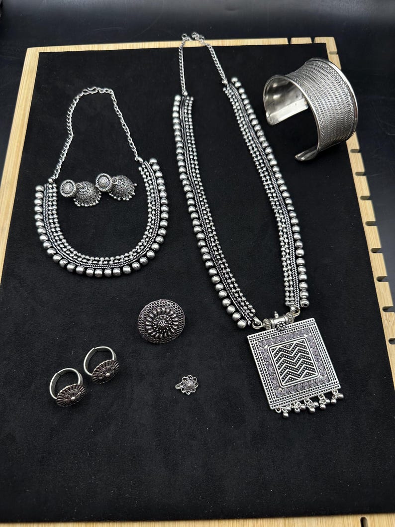 Silver Choker Necklace oxidised Jewelry Set of 7 Long Necklace Set with jhumka ring peacock necklace Ethnic Jewelry, Temple Jewelry,