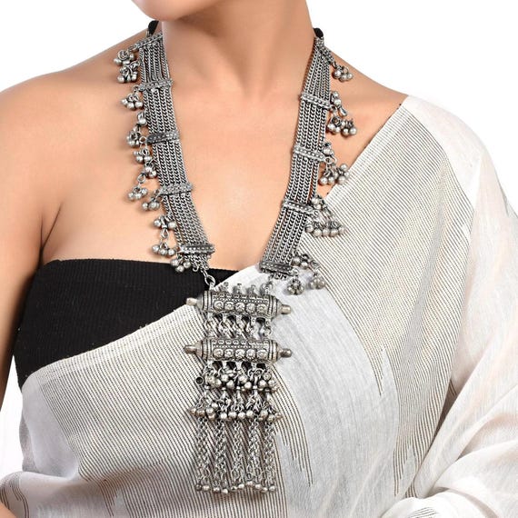 Afghani Indian Style Long Necklace With Pendant | Boho Tribal Ethnic Oxidized Jewelry | Oxidized Jewelry Necklace | German Silver Necklace