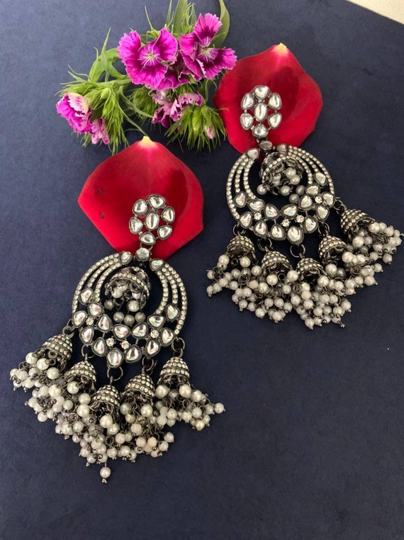 Buy Indian Oxidized Black Metal Polish Long Kundan and Pearl Earrings  traditional Jewelry lightweight Statement Earrings white Stone Earring  Online in India - Etsy