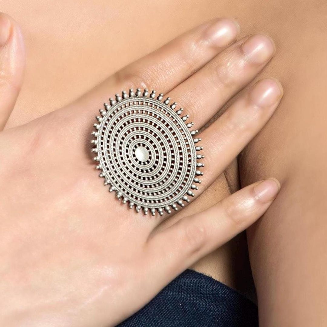 Large Oxidized Silver Statement Ring, Big Round Mandala Ring, Boho