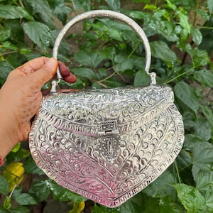 Handcrafted Silver Gold Metal Handbag | Floral Engraved Clutch Purse with Chain Strap | Vintage Indian Evening Bag | Boho Bridal Accessory