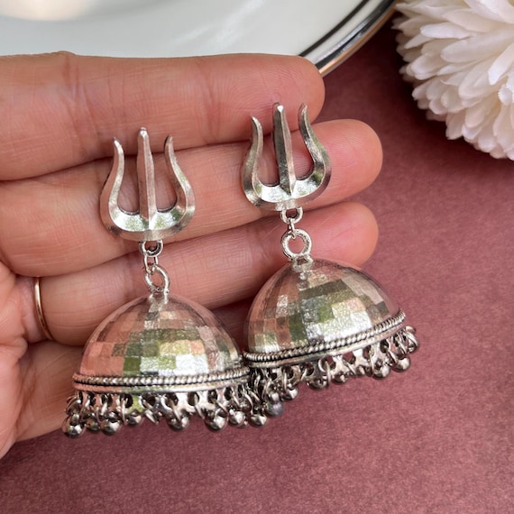 Oxidized Silver Trishul Jhumka Earrings: Indian Temple Jewelry