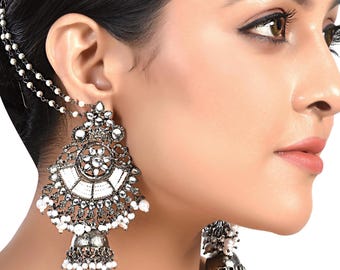 Chandbali Oxidised Silver jhumka jhumki earring, long earrings, black polish Indian stone earrings, pearl earring, handmade temple earring