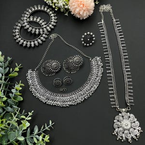 Silver Oxidised Indian Jewelry set of 7pc, ghungroo ethnic choker set with jhumkas, Navratri combo long necklace set, Garba Jewelry set