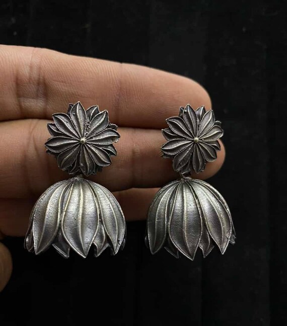 Oxidized Lotus Jhumka Earrings Jhumka Jhumkis floral Jhumka